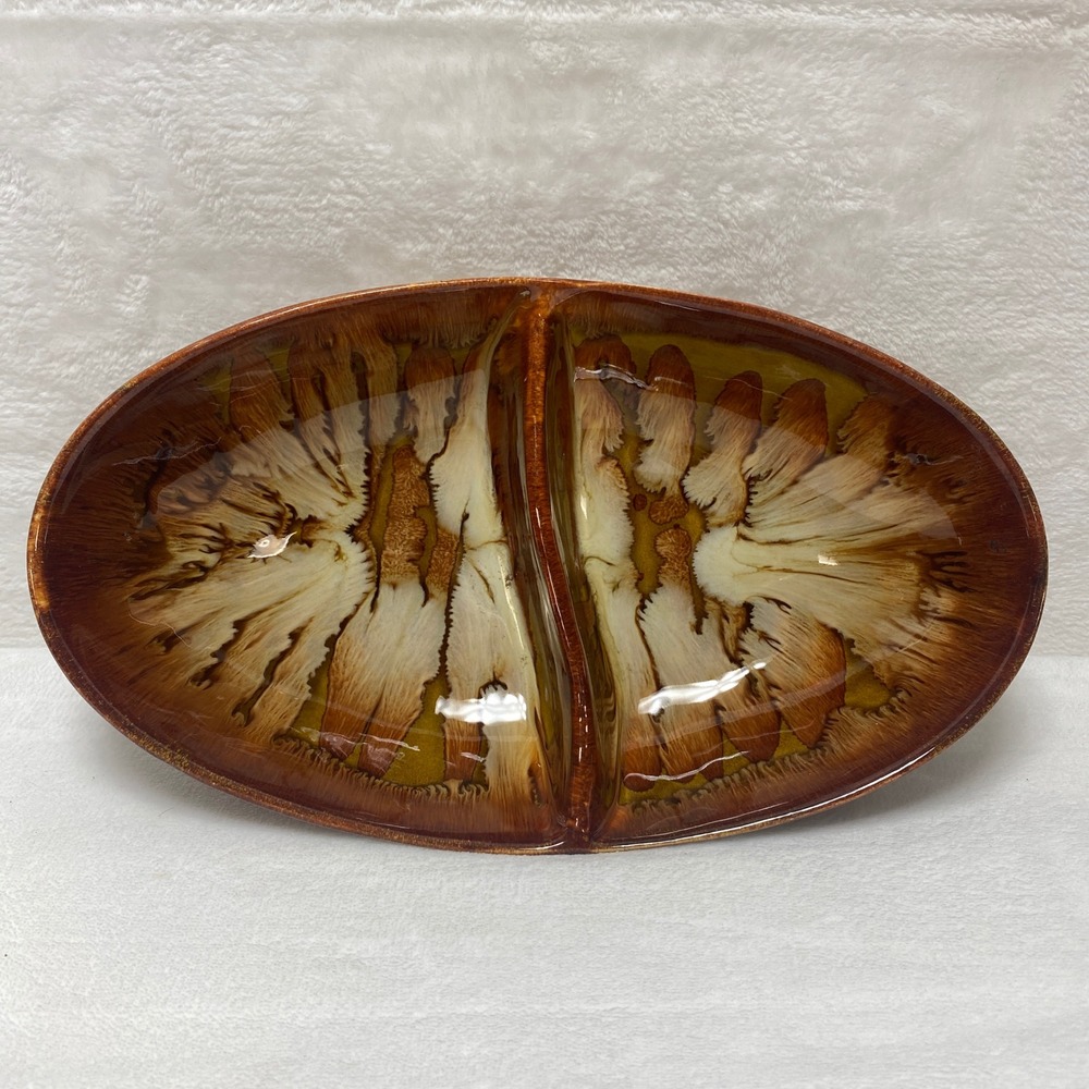VTG Dryden Potteries Ovenware Dish 2 Section Pottery MCM Retro Orange Brown